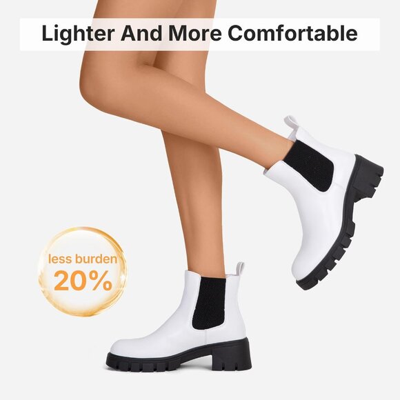 Vepose Women's White Faux Leather Lug Sole Elastic Slip on Ankle Booties - Picture 3 of 9